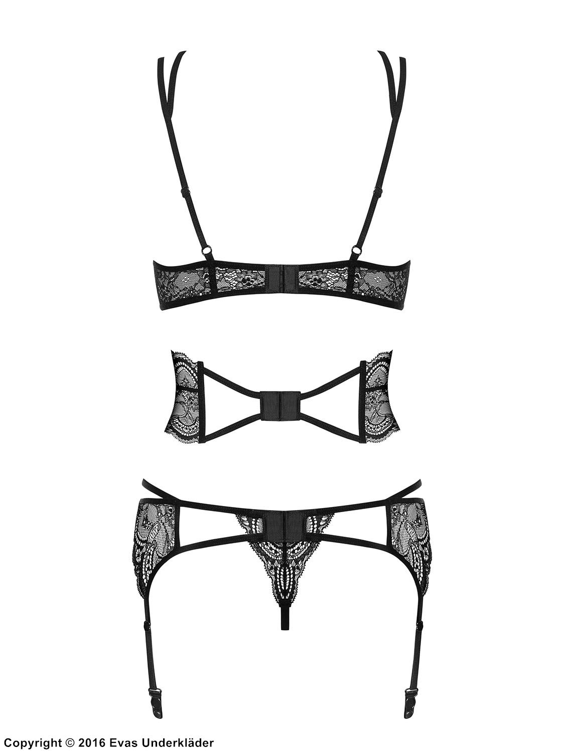 Seductive lingerie set, lace, crossing straps, belt